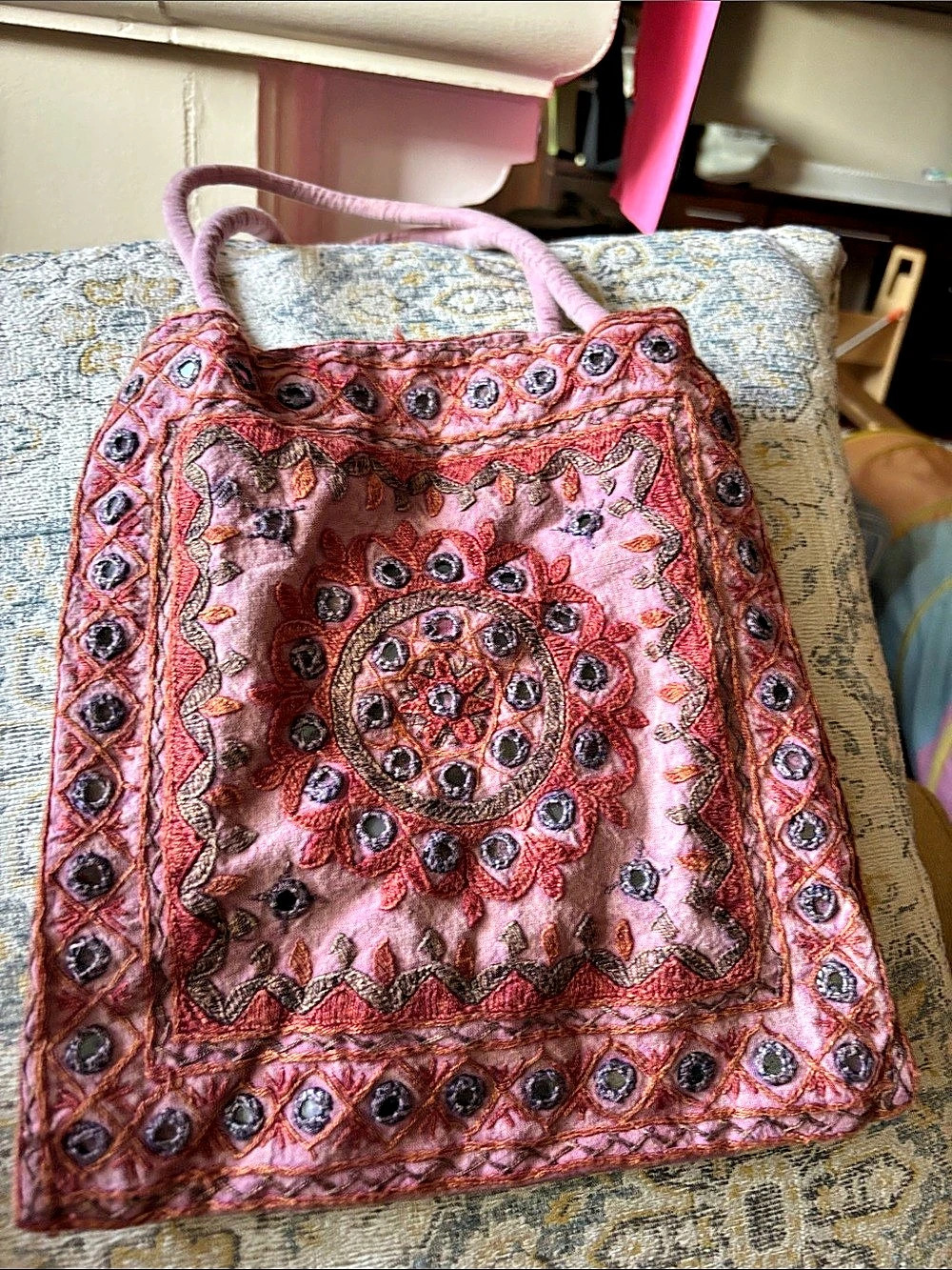 Embroidered Shoulder Bag in Pink & Blue